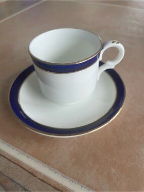 White Porcelain Demitasse Teacup & Saucer with Cobalt Blue and Gold Trim